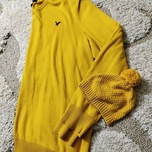 Mens mustard color sweater with matching toddler beanie hat